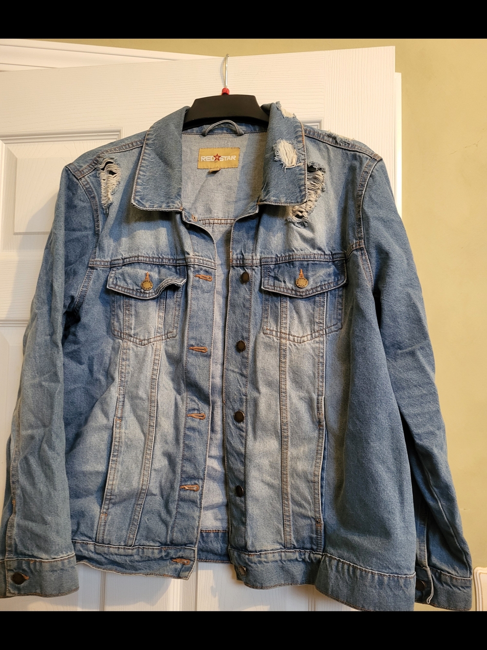 Red Star Light Wash Distressed Denim Jacket - Blue